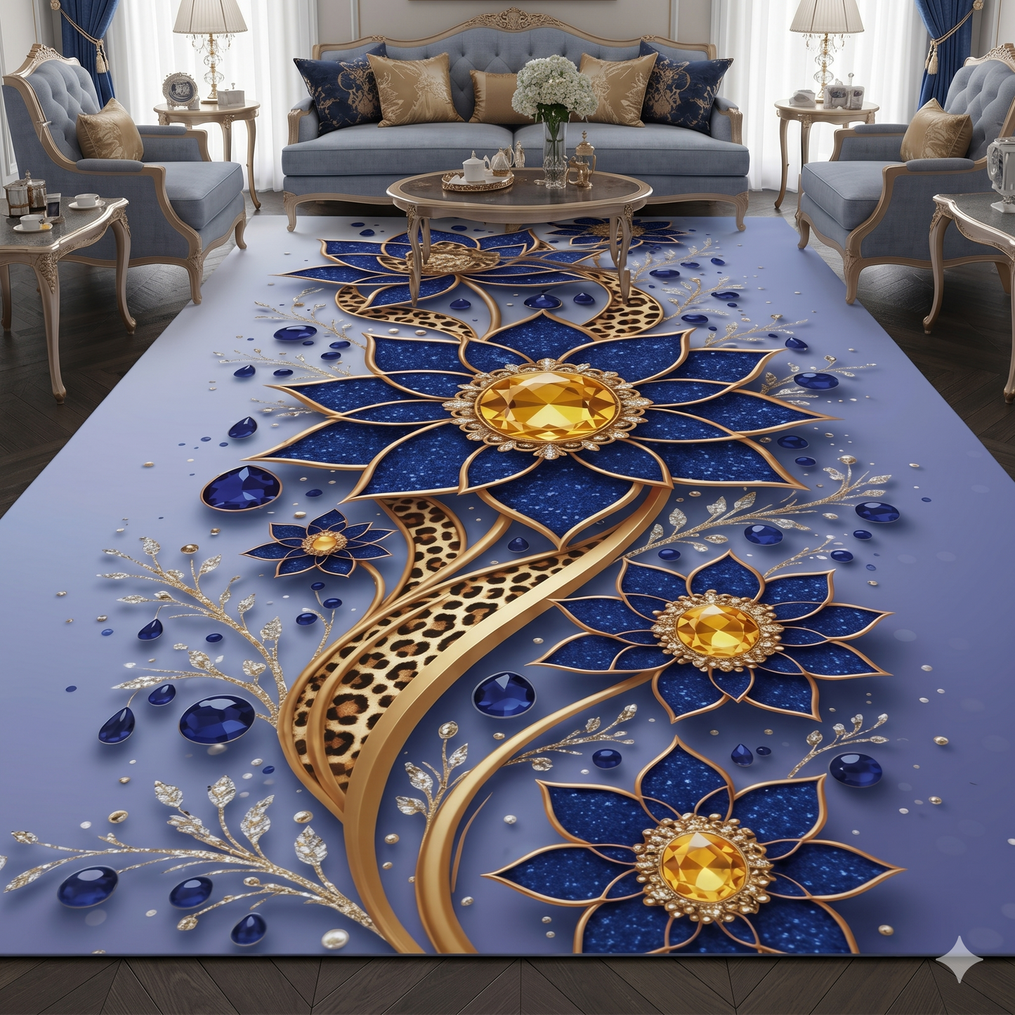 Луксозен 3D Килим "Royal Sapphire & Gold" – Премиум Дизайн и Кралско Синьо (K-15)