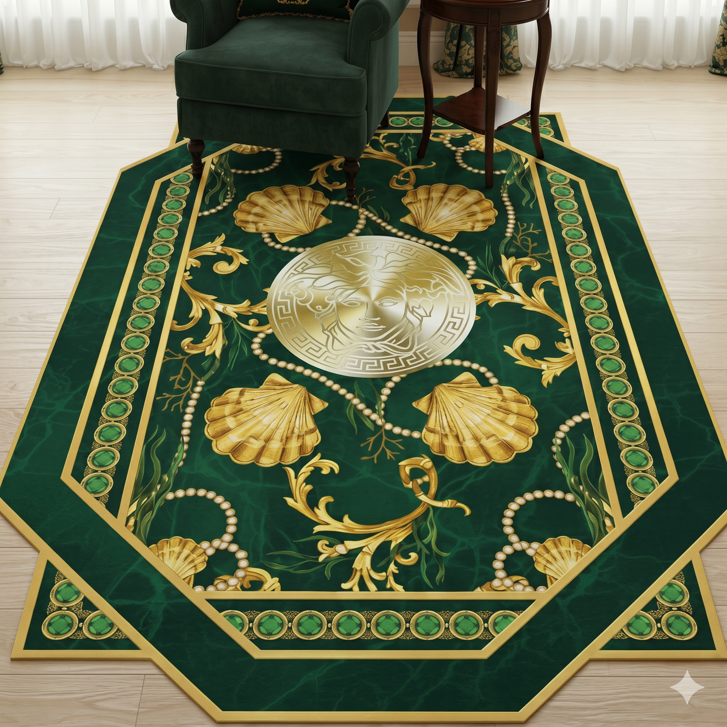 Дизайнерски 3D Килим "Versace Emerald Gold" – Премиум Изумрудено Зелено и Злато (K-17)