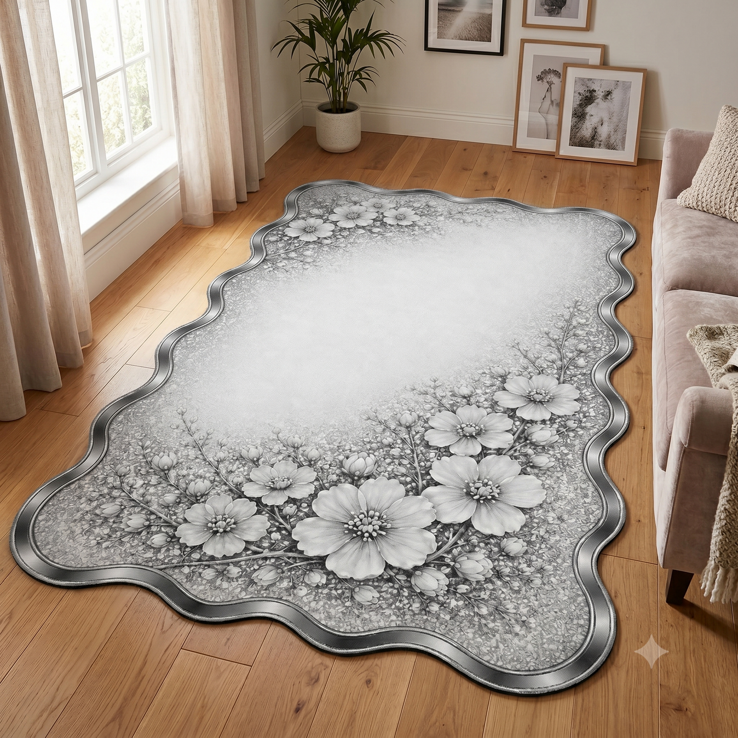 Луксозен килим Silver Blossom – Модерен дизайн в кремаво и сиво с 3D ефект (K-22)