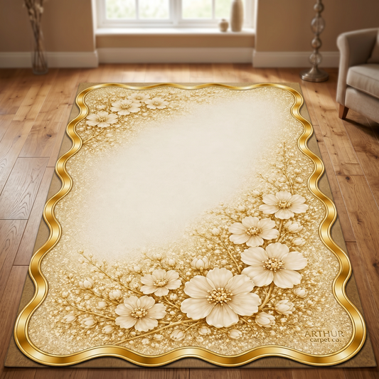 Луксозен килим Golden Blossom – Кралски дизайн в кремаво и златно с 3D ефект (K-23)