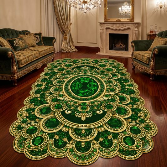 Луксозен 3D Килим Royal Emerald – Кралски Дизайн в Изумрудено Зелено и Злато с Кристален Ефект (K-29)