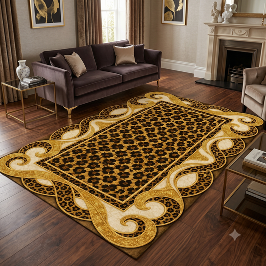 Луксозен 3D Килим Royal Leopard – Екстравагантен Дизайн с Леопардов Принт и Златни Барокови Орнаменти (К-30)