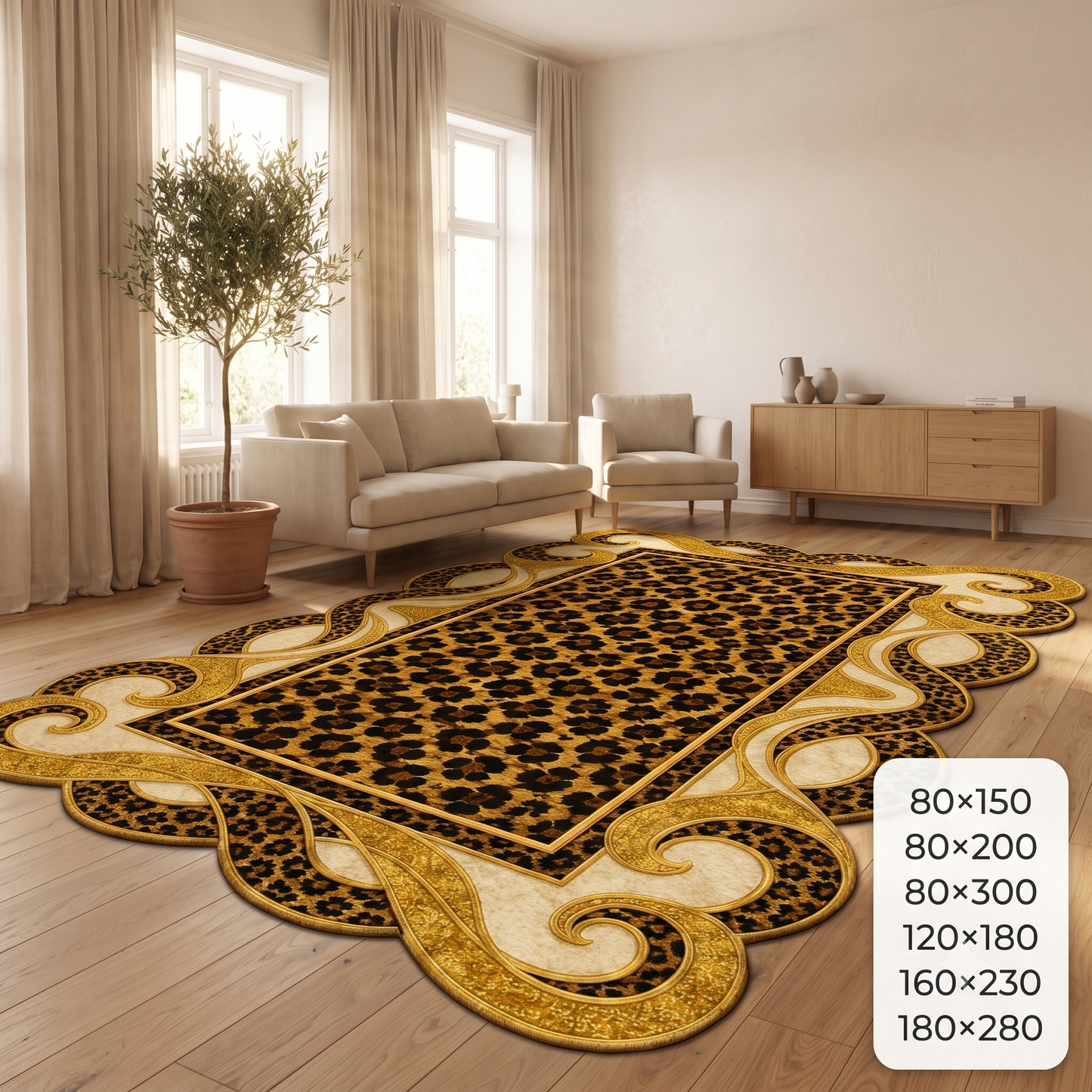 Луксозен 3D Килим Royal Leopard – Екстравагантен Дизайн с Леопардов Принт и Златни Барокови Орнаменти (К-30)