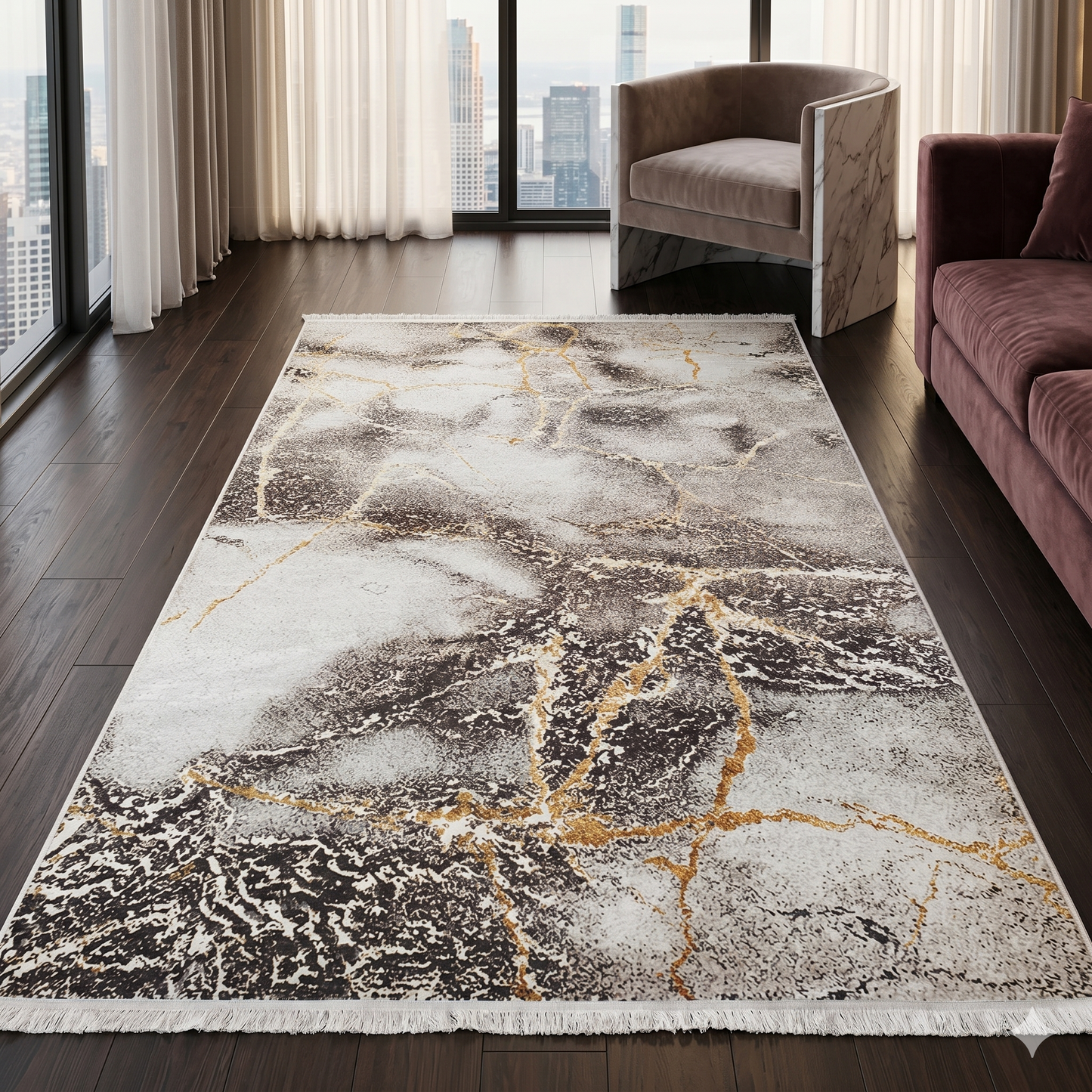 Луксозен 3D Килим Golden Marble – Модерен Мермерен Дизайн с Текстура и Златни Нишки (K-35)