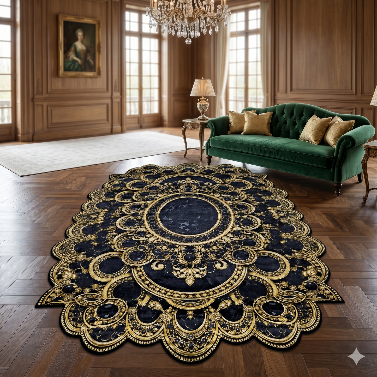 Луксозен 3D Килим Royal Sapphire – Кралски Дворцов Дизайн в Черно, Злато и Сапфирен Ефект (K-37)