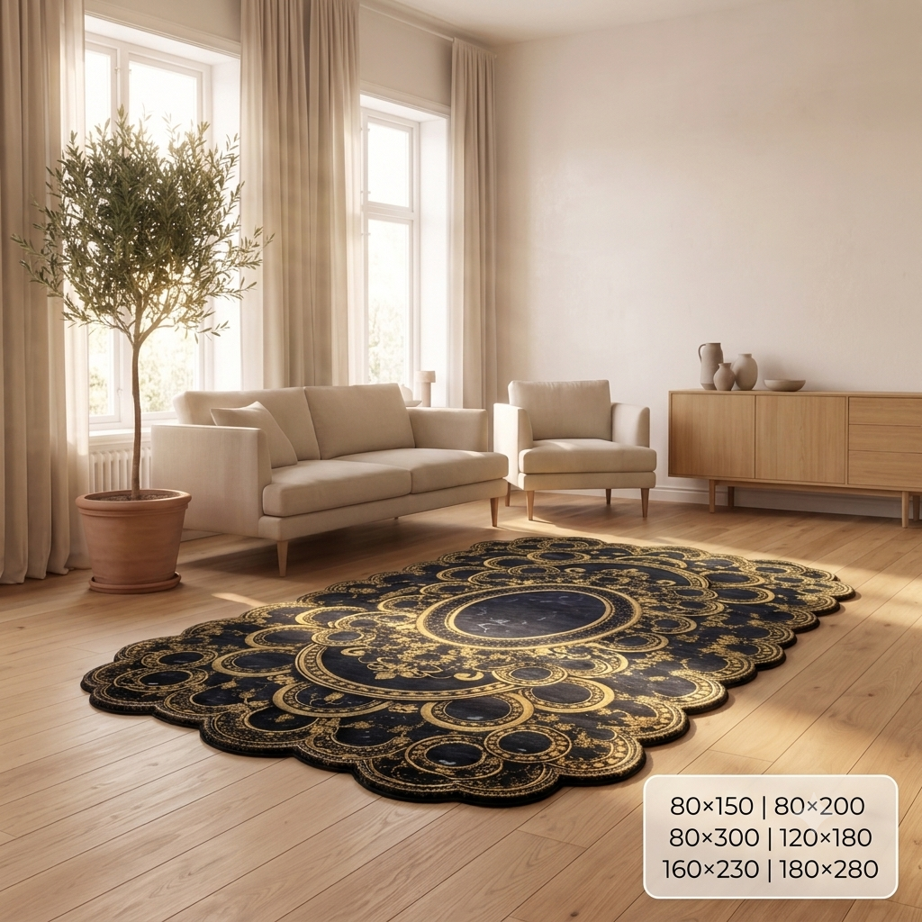 Луксозен 3D Килим Royal Sapphire – Кралски Дворцов Дизайн в Черно, Злато и Сапфирен Ефект (K-37)