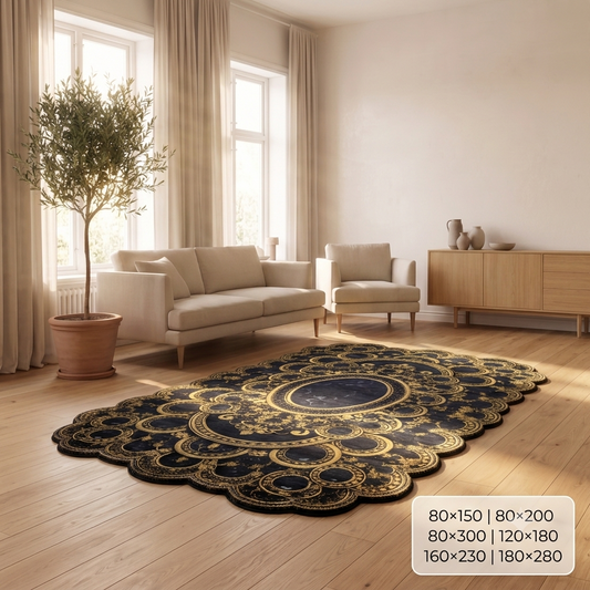 Луксозен 3D Килим Royal Sapphire – Кралски Дворцов Дизайн в Черно, Злато и Сапфирен Ефект (K-37)