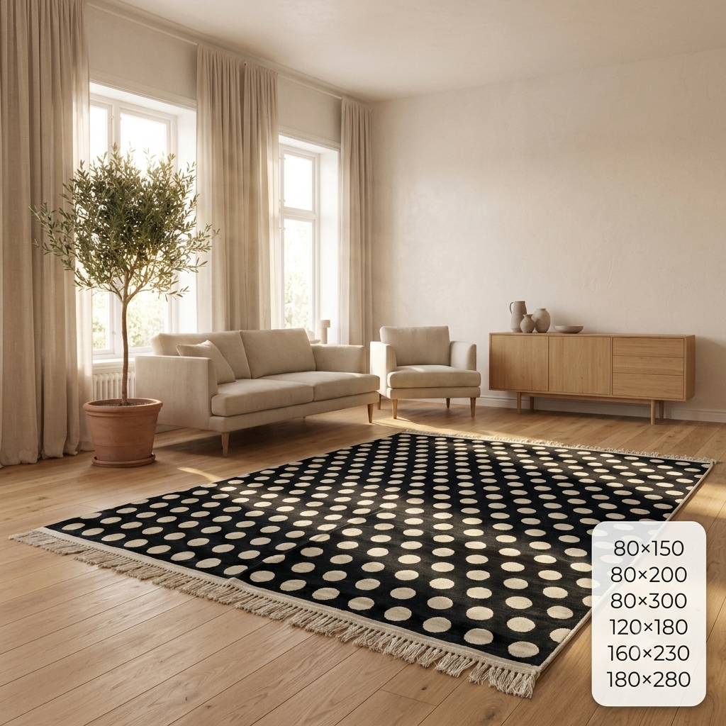 Луксозен 3D Килим Royal Polka Dot – Модерен Ретро Дизайн на Точки в Черно и Крем (K-33)